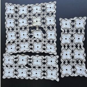 Vintage Handmade Crochet Lace Doily Set Cream Floral Star Pattern 3 Piece